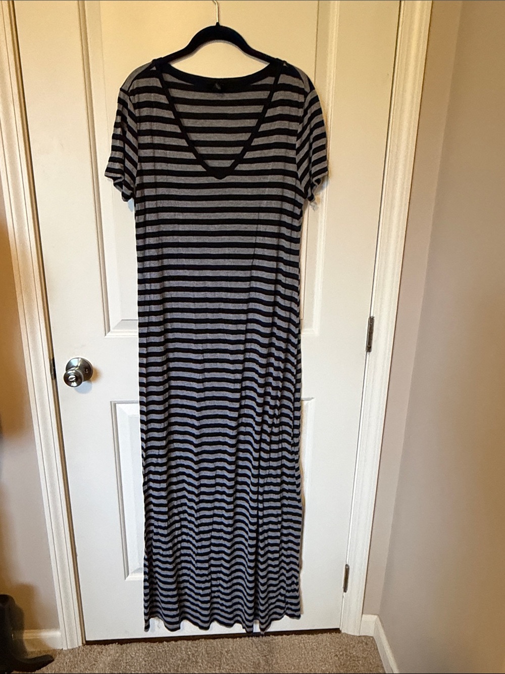 Massimo Black and Gray Striped V-Neck Maxi Dress